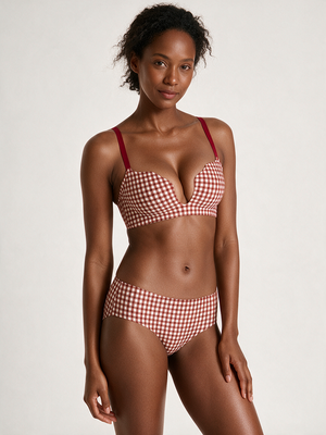 Red Gingham Airy-Lift Plunge Wireless Bra with matching panty, front view on deep skin model