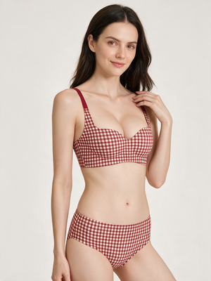 Red gingham wireless bra, natural-lift front model view