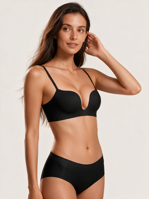 U-Shape Smooth-Back Wireless Bra in Black - front pose with hand near hair