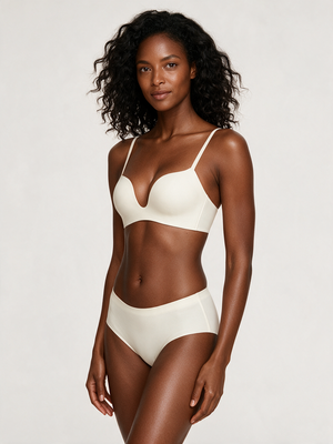 U-Shape Smooth-Back Wireless Bra in White - front view on deep skin model