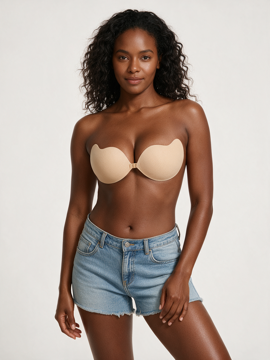 Full-Bust Lift & Hold Adhesive Bra in Nude - front view with denim shorts on deep skin model