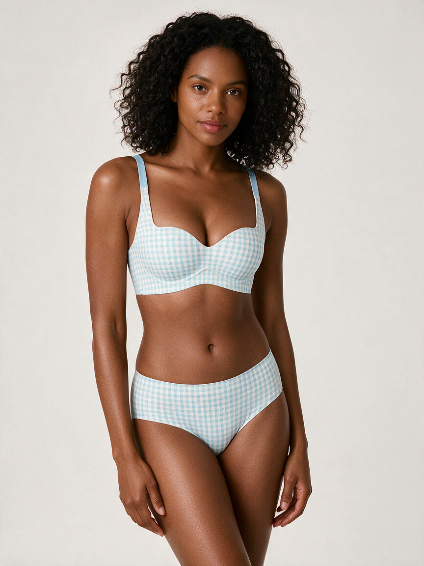 Blue Gingham Natural-Lift Wireless Bra on deep-brown skin model