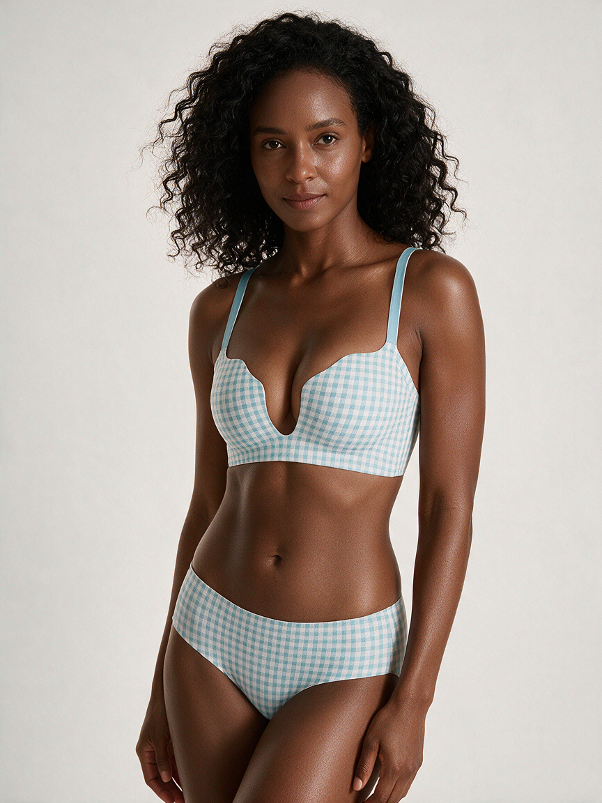 Blue Gingham Airy-Lift Plunge Wireless Bra with matching panty, front view on deep skin model