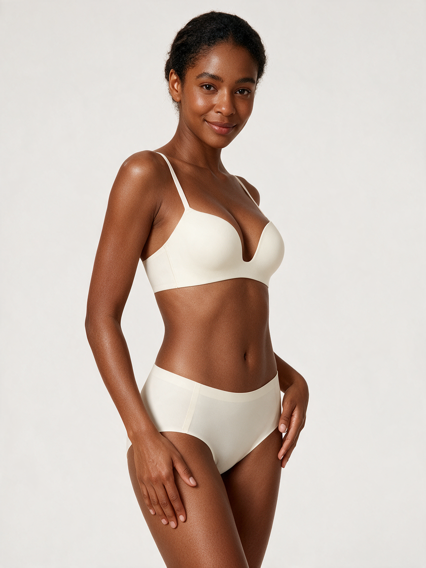 U-Shape Smooth-Back Wireless Bra in White - side three-quarter view on deep skin model