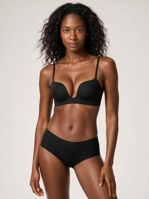 U-Shape Smooth-Back Wireless Bra in Black - front view on deep skin model