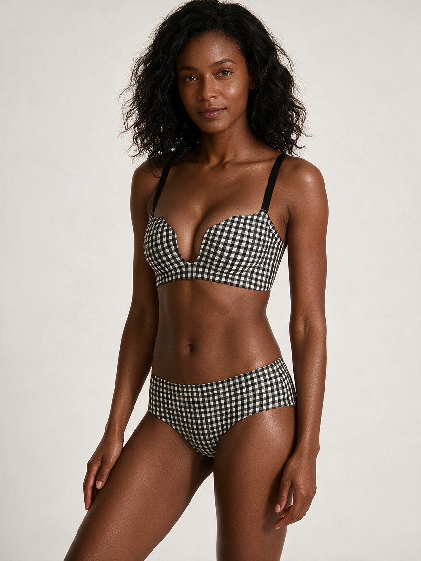 Black Gingham Airy-Lift Plunge Wireless Bra with matching panty, front view on deep skin model