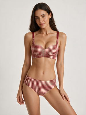Gingham Natural-Lift Wireless Bra in red, front view on model