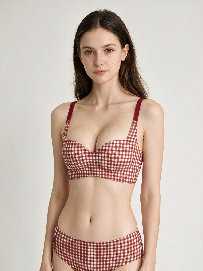 Red Gingham Natural-Lift Wireless Bra, front model detail