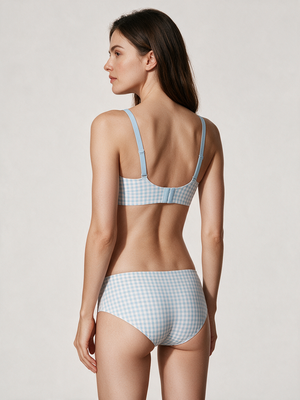 Blue Gingham Soft-Lift Wireless Bra and matching panty, back view on model