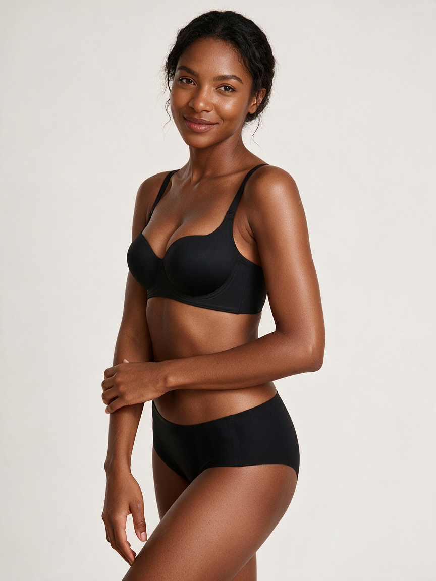 Soft-Boost Wireless Push-Up Bra in Black - three-quarter front view on deep skin model