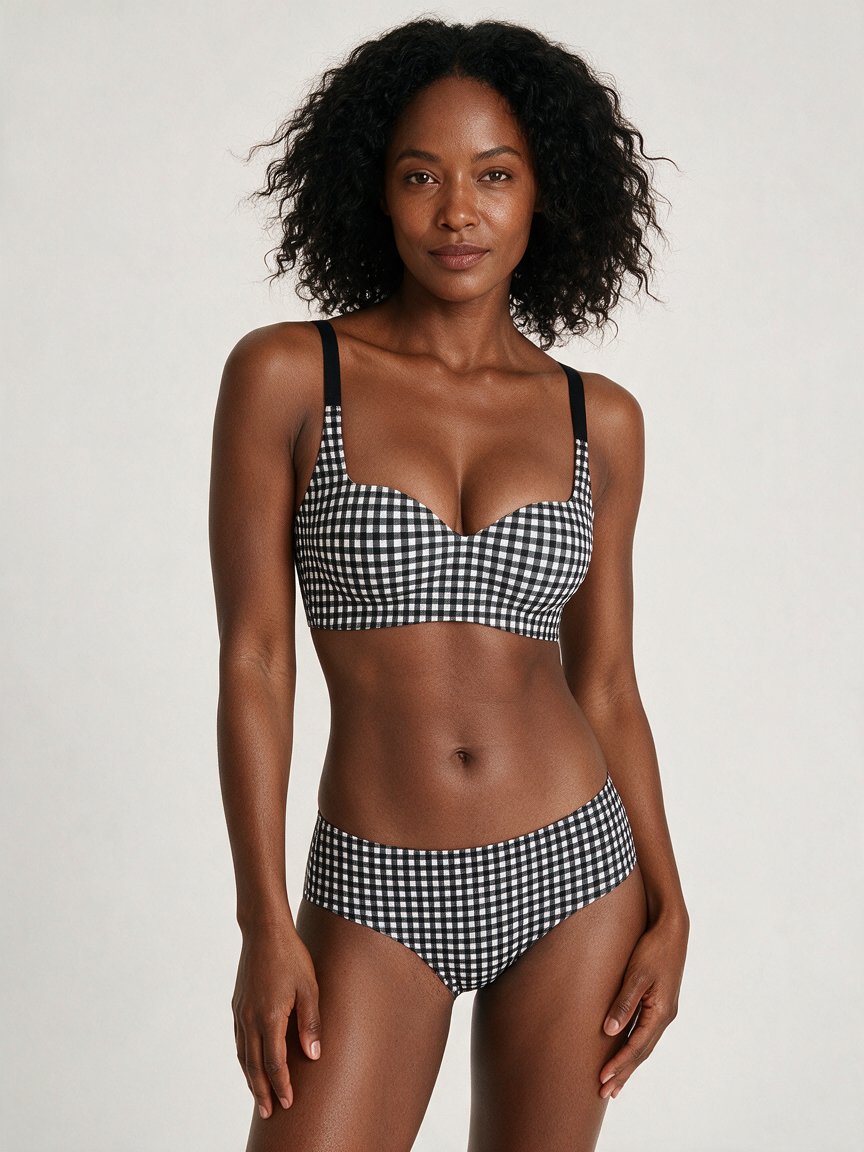Black Gingham Natural-Lift Wireless Bra on deep-brown skin model
