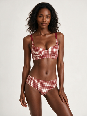 Red Gingham Natural-Lift Wireless Bra on deep-brown skin model
