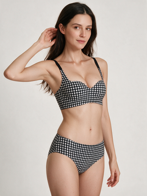 Gingham Natural-Lift Wireless Bra in black, front view on model