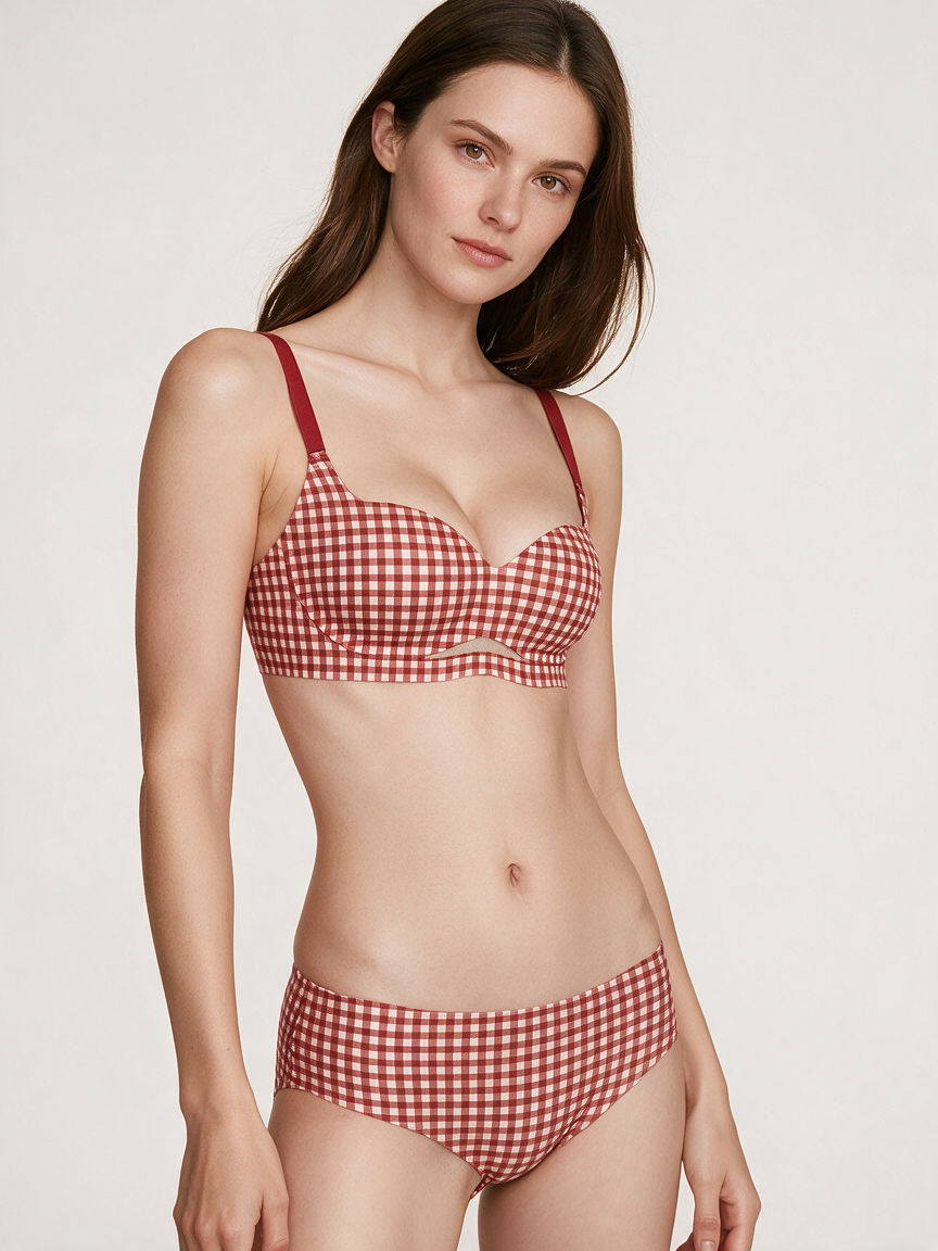AeeYaa Gingham Soft-Lift Wireless Bra on model