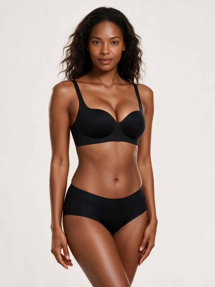 Soft-Boost Wireless Push-Up Bra in Black - front view on deep skin model